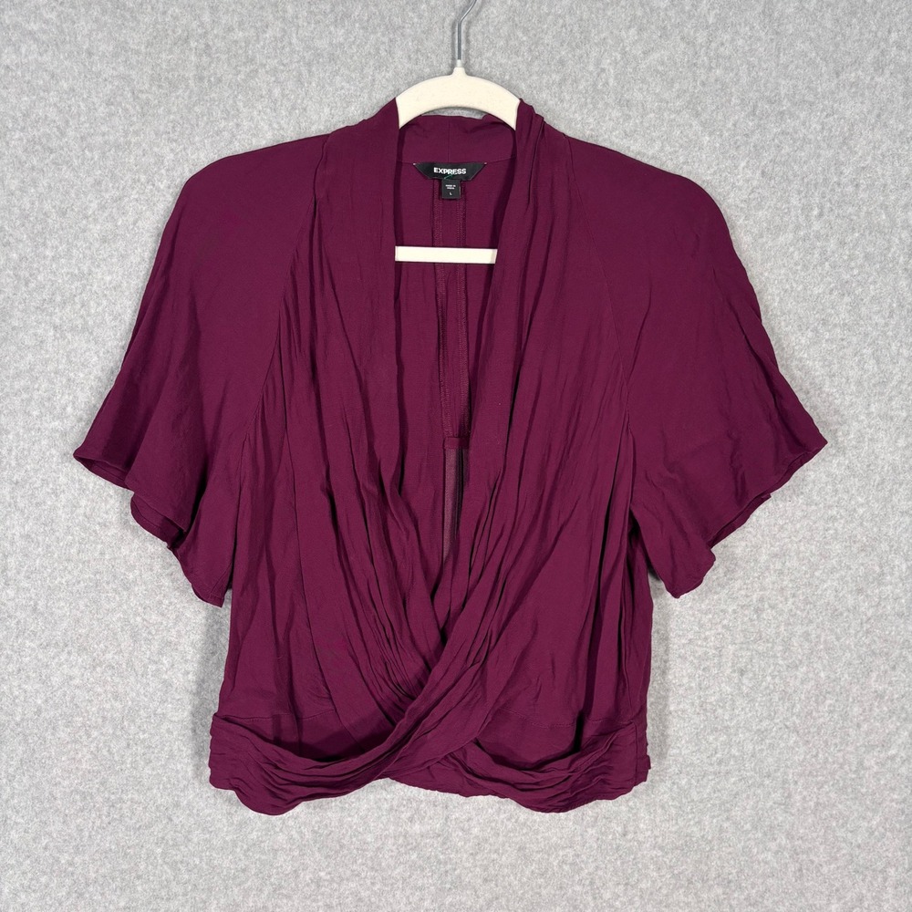 Express Draped Wrap Blouse Large Burgundy Plunge Neck Feminine Romantic Career‎